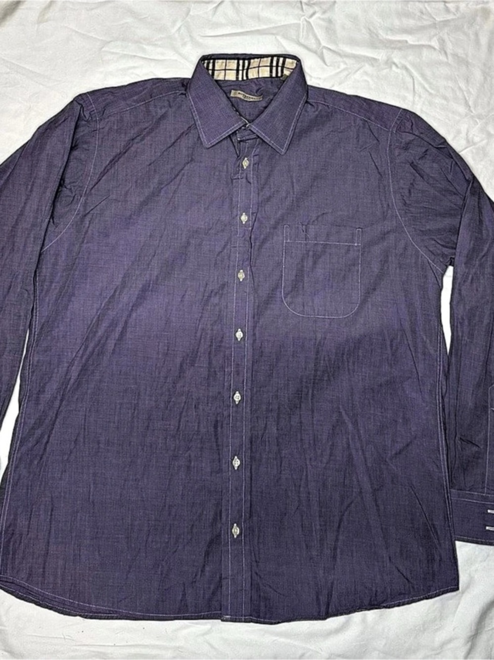 Burberry London Mens Shirt 17 L Purple Button Up Nova Check Cuff Made In USA